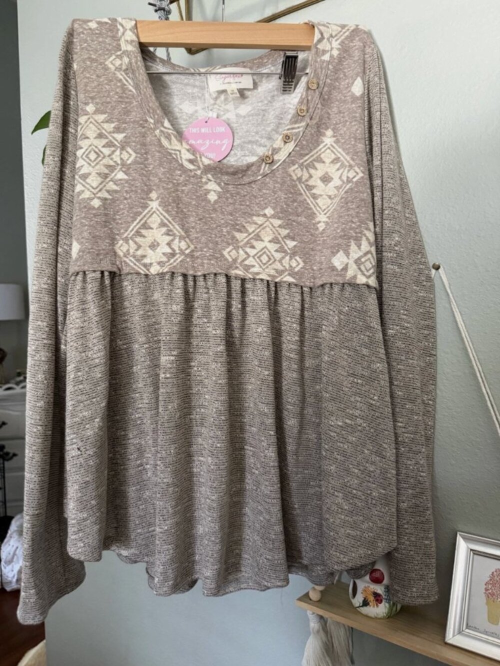 Sugarfox Womens 1X Boho Babydoll Top Aztec Long Sleeve Tunic NWT Boutique